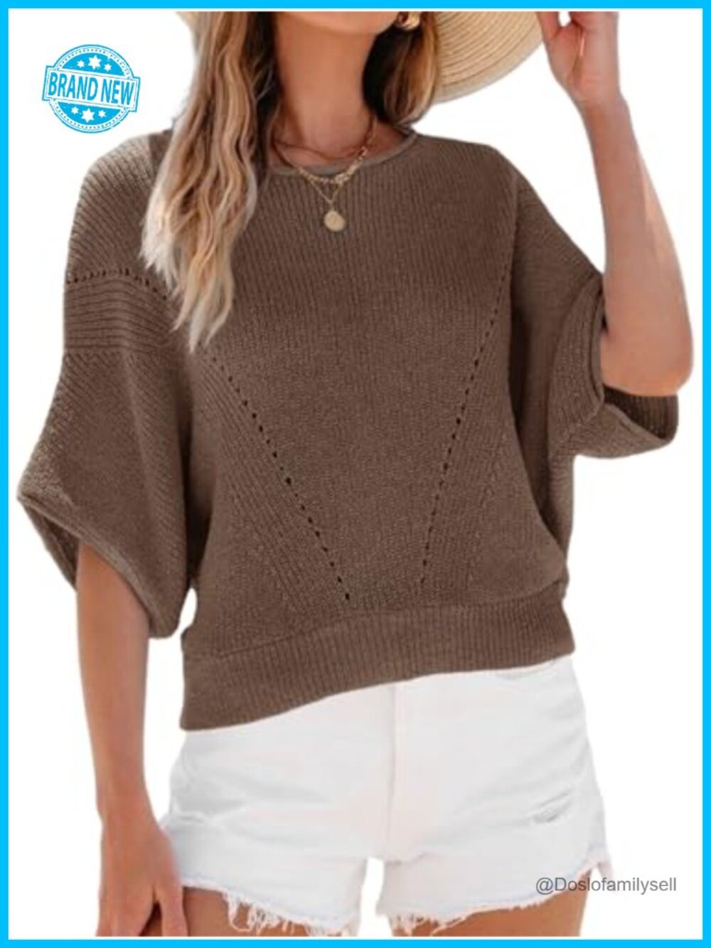 Womens Short Batwing Sleeve Knit Sweater Top Crew Neck Pullover